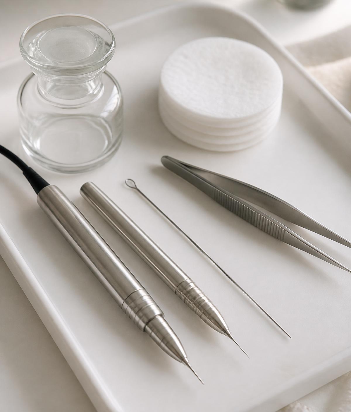 Sterile electrolysis instruments laid out on a clean tray